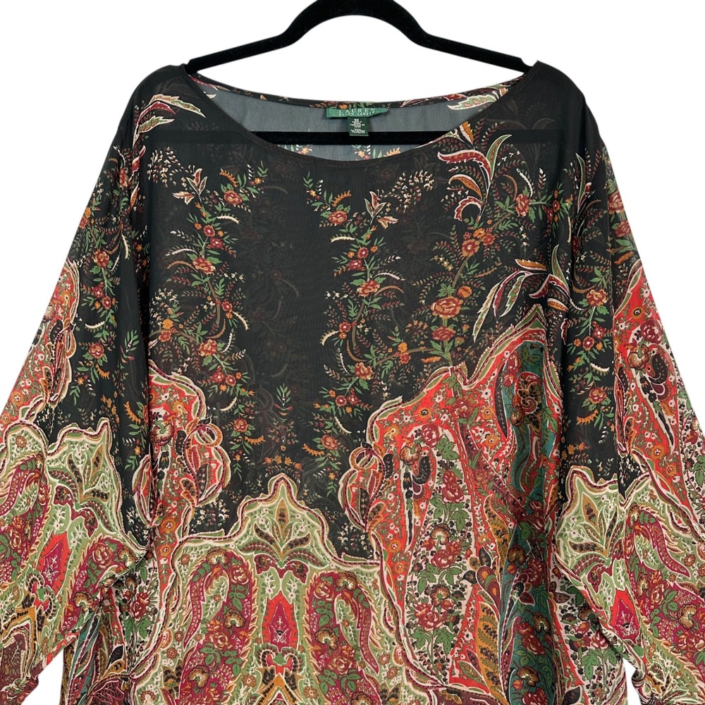 Lauren Ralph Lauren Womens 3X Paisley Floral Sheer Peasant Boho Blouse Top - Picture 5 of 12